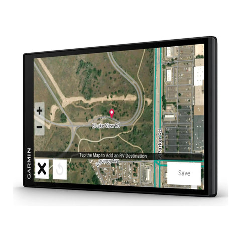 7-Inch RV GPS Navigator with custom routing and live traffic, showing Birdseye satellite imagery for North America road travel.