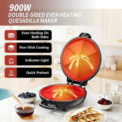 Novalife Electric Quesadilla Maker 9.5 Inch Press open view showing non-stick plates and indicator light for easy use.