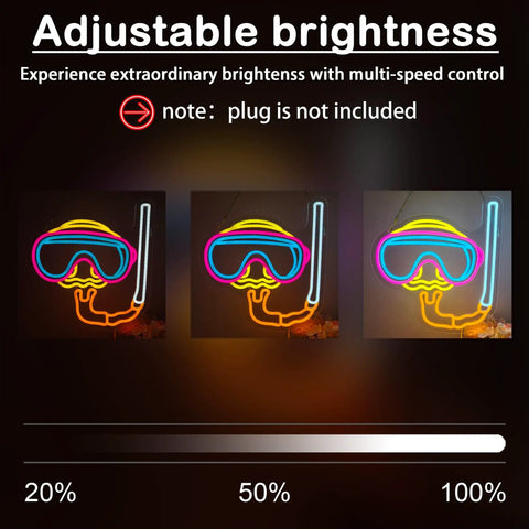 Neon Sign Diver Mask Style Scuba Diving LED Neon Light For Wall Decor And Beach House Dope Vibe Perfect For Dive Shops Ocean Theme Rooms Bathroom Game Room And Underwater Spaces showcasing adjustable brightness levels.