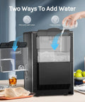 Party Ready Nugget Ice Maker For Countertop With 44 Lbs Per Day, showing water reservoir filling process on kitchen counter