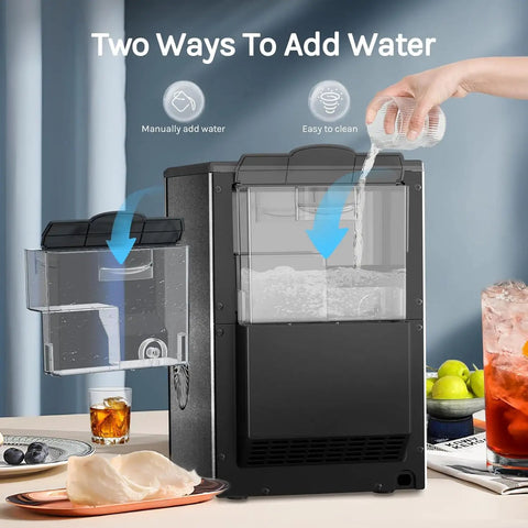 Party Ready Nugget Ice Maker For Countertop With 44 Lbs Per Day, showing water reservoir filling process on kitchen counter