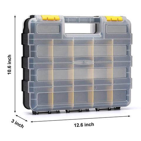 Dual Sided Tool Organizer Case with Impact Resistant Plastic 34 Compartment Hardware Box, 12.6x10.6x3 inch size
