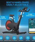 Five In One Exercise Bike For Home Gyms With 350 Lb Capacity 32 Level Magnetic Resistance And Safety Brake shown with seat and handlebars adjustment