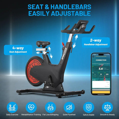 Five In One Exercise Bike For Home Gyms With 350 Lb Capacity 32 Level Magnetic Resistance And Safety Brake shown with seat and handlebars adjustment