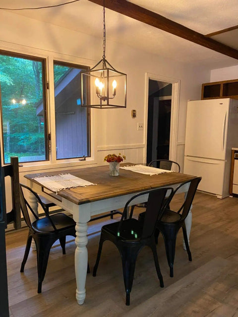 Plug In Black Farmhouse Pendant Chandelier With Dope Industrial Rustic Vibe 3 Light Fixture on 16.8 ft cord above dining table