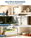 KOOTTI Tall Stainless Steel Kitchen Faucet with Pull Out Sprayer in bathroom, balcony laundry room, and kitchen settings.