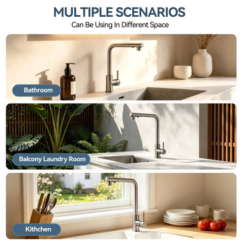 KOOTTI Tall Stainless Steel Kitchen Faucet with Pull Out Sprayer in bathroom, balcony laundry room, and kitchen settings.