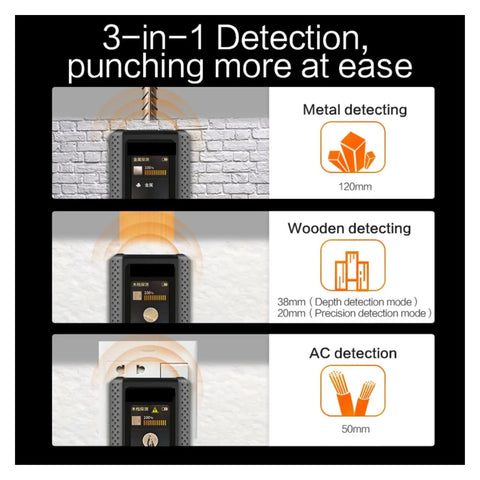 3-in-1 detection display showing Metal, Wood, and AC detection modes for Dead On Accuracy 3 In 1 Stud Finder Wall Scanner.
