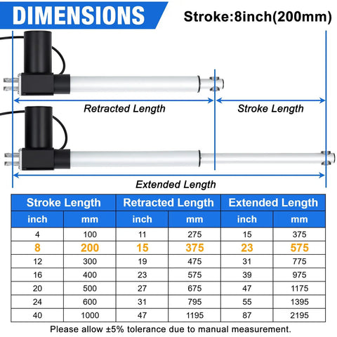 Diagram showing dimensions of Beefy 8 Inch Stroke Linear Actuator 8000N 1700Lbs with 12V DC, stroke length and retracted length.