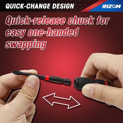Hand demonstrating Three Piece Quick Release Impact Bit Holders Set With One Half Inch, Three Eighths Inch And One Quarter Inch Square Drive To One Quarter Inch Hex Shank Adapters For Impact Wrenches And Ratchets, Fast Quick Change Bit Conversion For Tough Jobs.