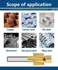 End mill cutter with gold cutting head and silver shank; six metal material icons on a blue poster.