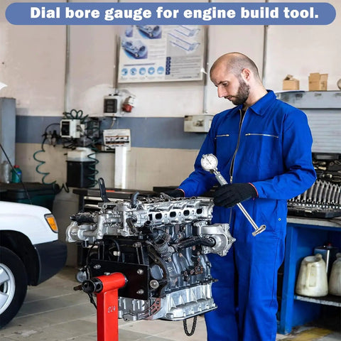 Mechanic using Dial Indicator Bore Gauge Set 2 To 6 Inches With 0.001 Inch Precision on engine block in workshop
