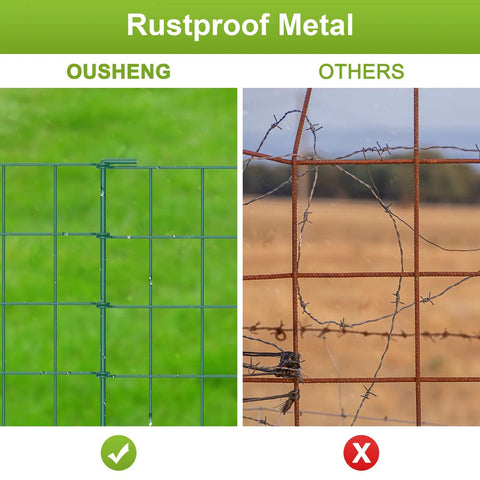 Comparison of rustproof 20ft Green Garden Fence Panels For Dogs And Small Animals with a rusty wire fence.