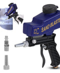 Grab And Go Gravity Feed Sandblaster Gun With Slick Flow Control And Comfort Grip, portable tool with steel tips for rust stripping.