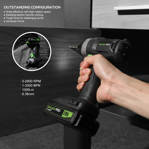 20V Cordless Impact Driver With One Quarter Inch Hex Chuck LED Work Light Includes Six Bit Set Variable Speed Trigger From Zero To Two Thousand Eight Hundred RPM One Point Three Amp Hour Battery And Charger Included being used on furniture