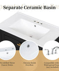 Separate ceramic basin with chrome overflow and pre-drilled holes for the 30 Inch Bathroom Vanity With Drop In Ceramic Sink And Soft Close Cabinet Door Kickass Drawer Storage No Sweat Setup Versatile Adjustable Shelf Smart Overflow Guard Solid Wood Frame Finished In Sleek Matte Black.