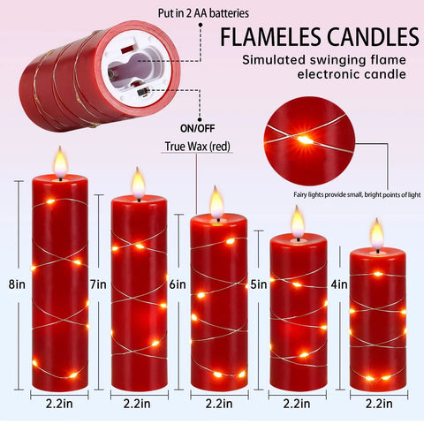 Red Flameless Candle Set With Remote Control Battery Powered LED Candles With String Lights In 4 5 6 7 8 Inch Sizes 5 Pieces Dimmable Brightness And 2H 4H 6H 8H Timer For Cozy Home Holiday Decor