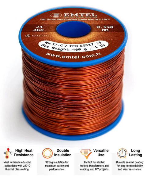 24 AWG Enameled Pure Copper Magnet Wire 1 lb Spool for motors and coils, high temperature resistance, side view of product