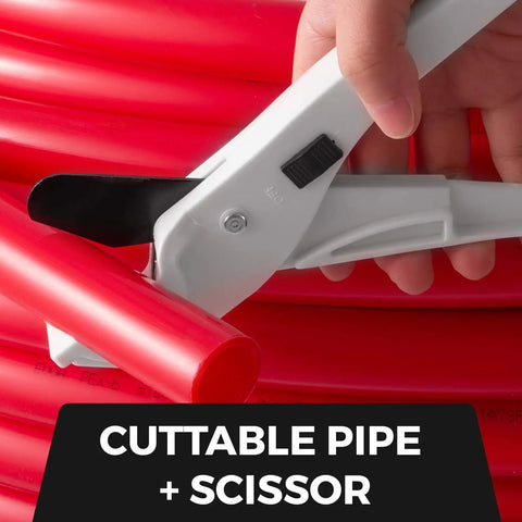 Close-up of Red PEX Tubing With O2 Barrier EVOH For Radiant Floor Heating And Potable Water, Five Eighth Inch Diameter being cut with scissors