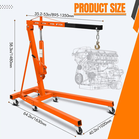 Heavy Duty Folding Hydraulic Engine Hoist Featuring Smooth Pump Operation And Knockout Lifting Capacity For Any Home Garage Shop Rig that shows product dimensions and design.