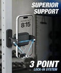 Magnetic Phone Holder With No Fuss Quick Release Clamp For Golf Cart And Gym One Hand Mount supporting a phone on gym equipment