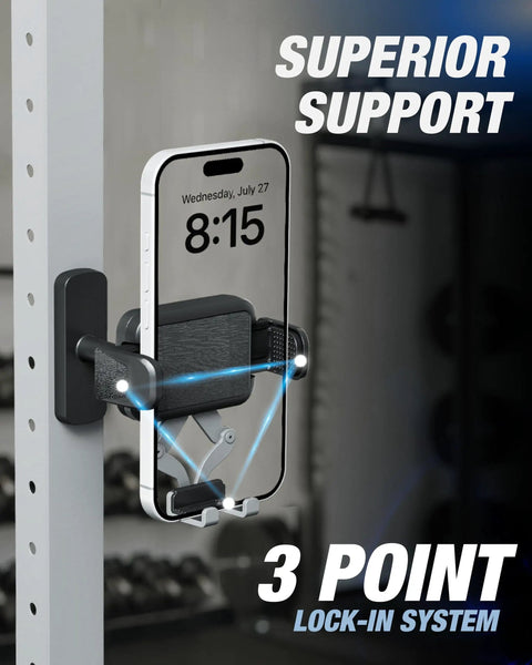 Magnetic Phone Holder With No Fuss Quick Release Clamp For Golf Cart And Gym One Hand Mount supporting a phone on gym equipment
