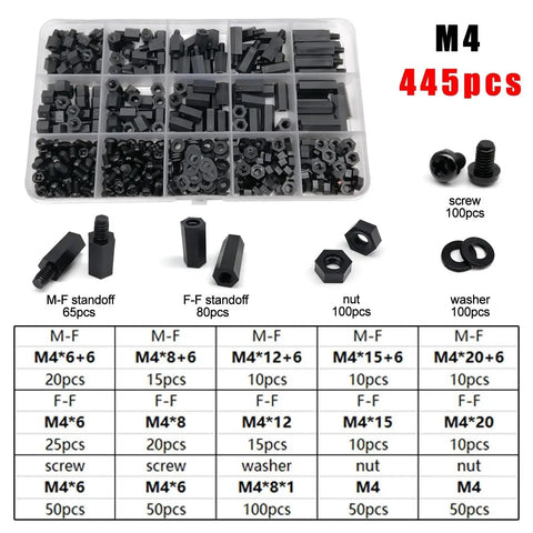 Black Nylon Insulated Hex Standoff Spacer Set For M2 M2.5 M3 M4 Hardware Includes Nuts Washers And Screws 445 Piece Assortment Kit For Precise Component Spacing And Clean Gapless Assembly, M4 445 pcs kit