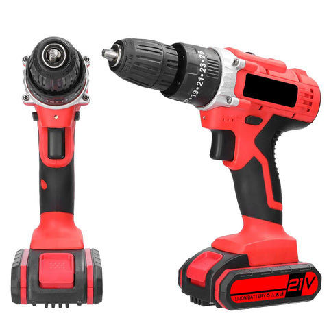 Heavy Hitter 21V Cordless Drill Set Featuring 3in1 Impact Drill And Rechargeable Battery With High Torque Selector, red and black design.