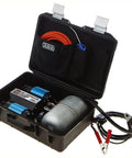 Heavy Duty Road Trip Ready 12 Volt Twin Motor Portable Air Compressor With Integrated Aluminum Tank and Quick Pressure Adjustments in a durable black case.