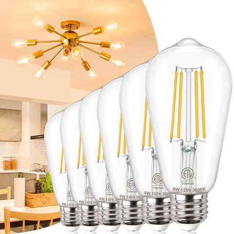 Vintage Edison LED Bulbs 6W, 60W Equivalent, Soft White 3000K Clear Filament ST19 E26, 700 Lumen, Non Dimmable, 6 Pack