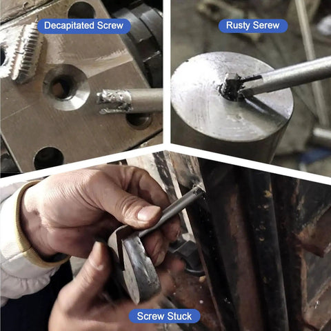 Close-up image showing Tap Extractor Set 3 4 Flute Steel Broken Head Taps Remover being used to remove damaged and rusty screws.