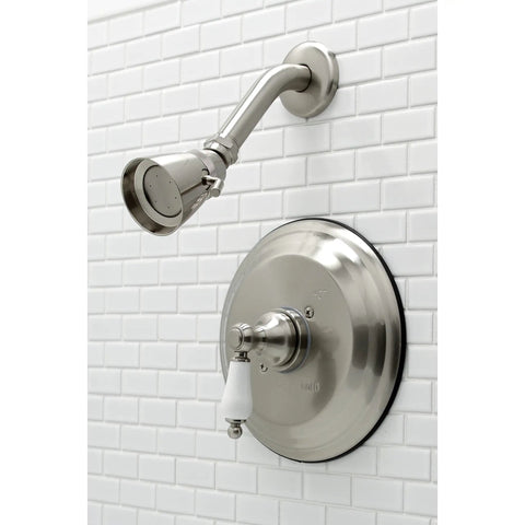 Restoration Pressure Balanced Shower Faucet With Washerless Cartridge, Brushed Nickel Finish shown on white tile wall
