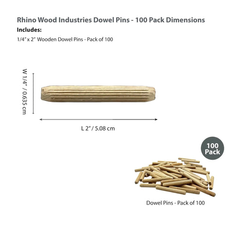 Heavy Duty 1/4 Inch By 2 Inch Kiln Dried Birch Wood Dowel Pins 100 Pack with dimensions and fluted design for easy assembly.