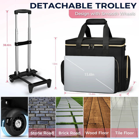 Rolling Teacher Bag With Detachable Dolly And File Compartment, shown with trolley and different floor types, fits 15.6" laptop.