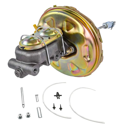 11 Inch Power Brake Booster And Master Cylinder Kit For GM A Body F Platform X Body with accessories and hardware.