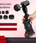 Rechargeable Hydraulic Hole Punch Kit With Six Dies 22 To 60Mm, 21V Cordless Punch Tool shown with additional die sizes
