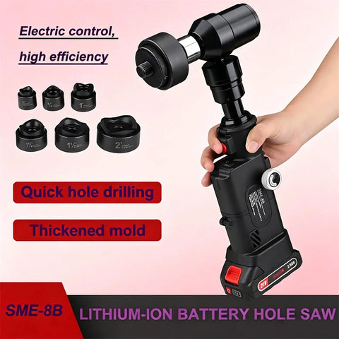 Rechargeable Hydraulic Hole Punch Kit With Six Dies 22 To 60Mm, 21V Cordless Punch Tool shown with additional die sizes
