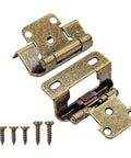 Two Piece Antique Steel Cabinet Hinges Set With Half Inch Overlay And Partial Wrap Styling Soft Close For Kitchen Cabinets And Wardrobes Durable Rust Resistant Hardware For Easy Space Saving Doors, shown with screws