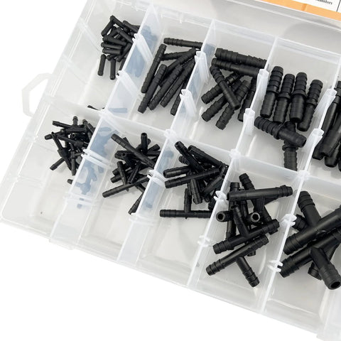 Vacuum connector assortment kit in black nylon; front view of clear plastic organizer with 12 sizes.