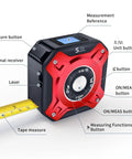 Two In One Laser Tape Measure With Level And Backlit LCD 131 Ft Laser Distance Meter 16 Ft Auto Lock Tape Ft In Fractions Mm Red, shown with tape extended