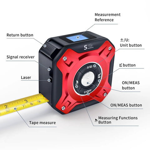 Two In One Laser Tape Measure With Level And Backlit LCD 131 Ft Laser Distance Meter 16 Ft Auto Lock Tape Ft In Fractions Mm Red, shown with tape extended