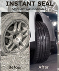 Comparison of a damaged tire versus a repaired tire using the All In One Tire Repair Kit With Screw In Self Sealing Plugs Pro Grade Heavy Duty Tubeless Patch Tools For Cars Trucks And Motorcycles Includes Pliers And Screwdriver No Glue Needed Puncture Repair Essentials.