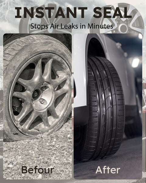 Comparison of a damaged tire versus a repaired tire using the All In One Tire Repair Kit With Screw In Self Sealing Plugs Pro Grade Heavy Duty Tubeless Patch Tools For Cars Trucks And Motorcycles Includes Pliers And Screwdriver No Glue Needed Puncture Repair Essentials.