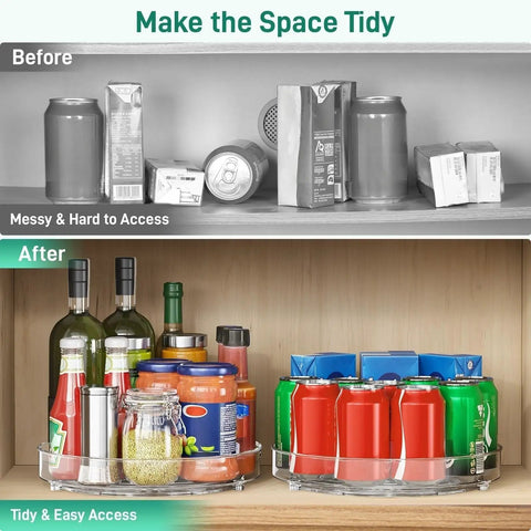 Four Pack Slick 9.5 Inch Lazy Susan Turntable Organizer shown in use for tidy kitchen storage with clear trays.