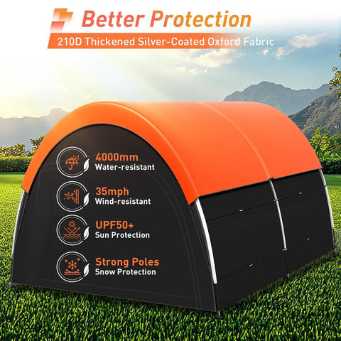 Upgraded Heavy Duty Bike Tent With Rain Cover Outdoor Storage Shed features, showcasing water and wind resistance ratings