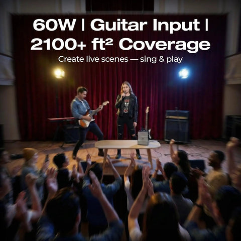 Live performance using 60W Bluetooth Karaoke Speaker And Wireless PA System With Dual Microphones, Guitar Input, Bass Boost