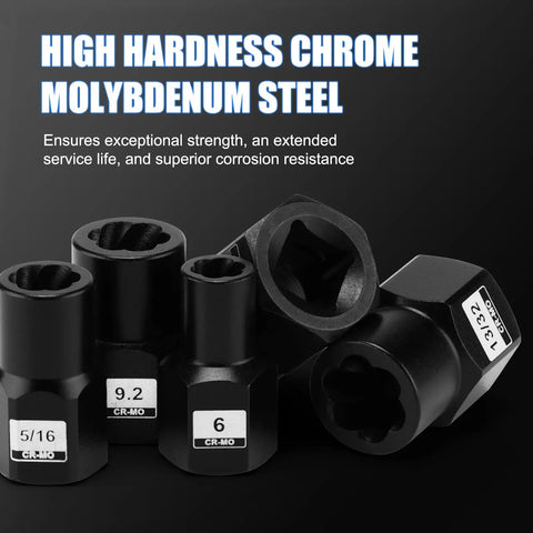 High hardness chrome molybdenum steel extractors from 34 Piece Bolt Extractor Set To Pull Out Stubborn Rusted Bolts Nuts And Screws Fast With One Quarter Inch And Three Eighth Inch Drive Remover Tools And Adapters Built For Easy Durable Removal.