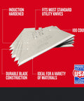 Heavy Duty Utility Knife Blades 100 Pack for Drywall Leather Rubber and More displayed with features on red background