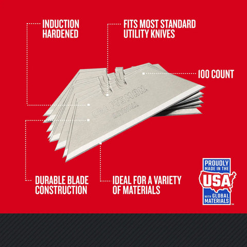 Heavy Duty Utility Knife Blades 100 Pack for Drywall Leather Rubber and More displayed with features on red background
