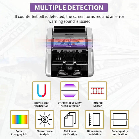 Money Counter Machine With Value Count And Fake Bill Detection showing multiple detection features like UV MG IR on LCD display